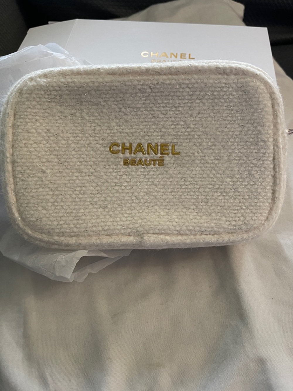 CHANEL White Bouclé Cosmetic Case with Gold Logo